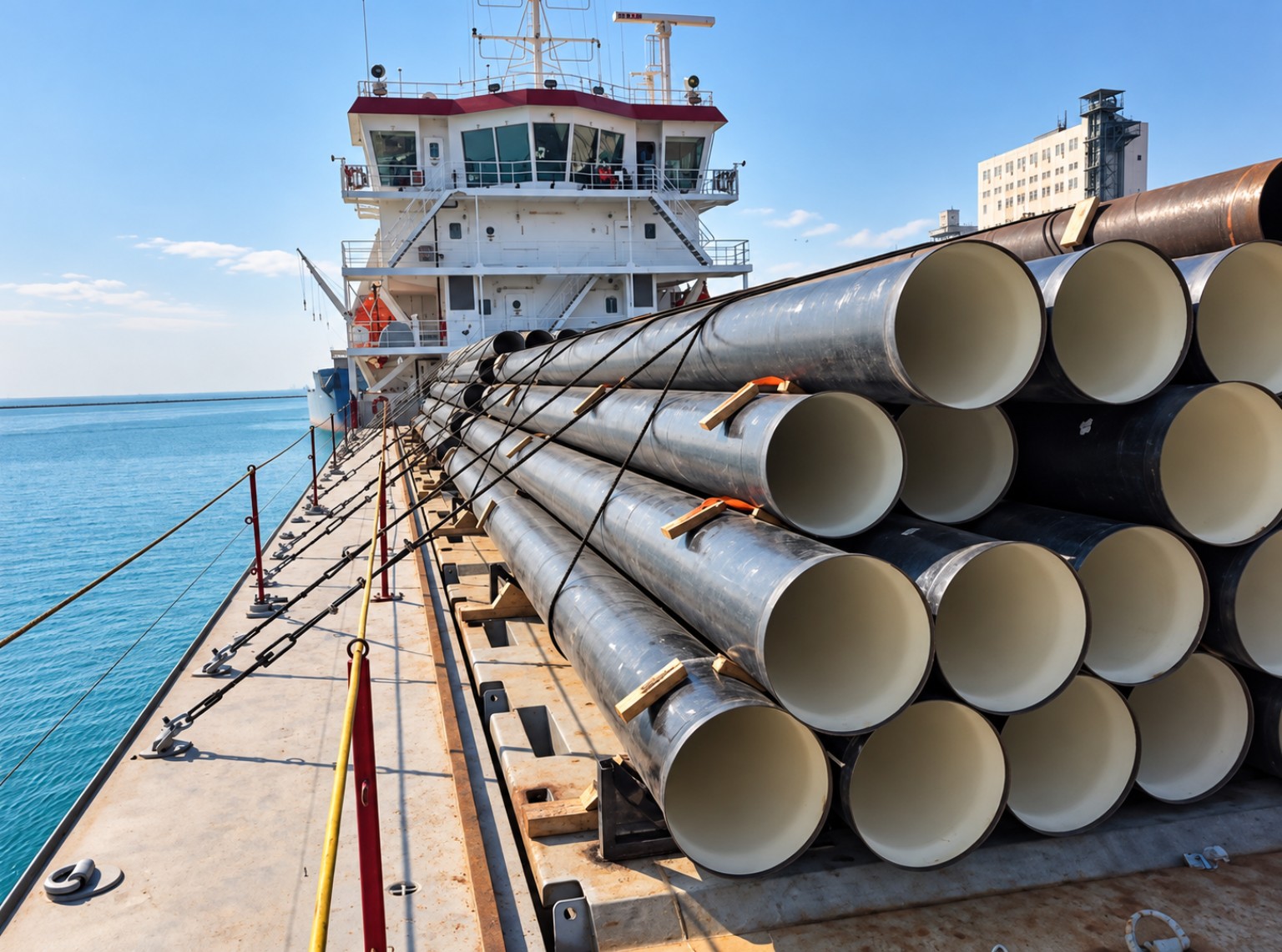 Industrial steel pipes secured on a vessel deck